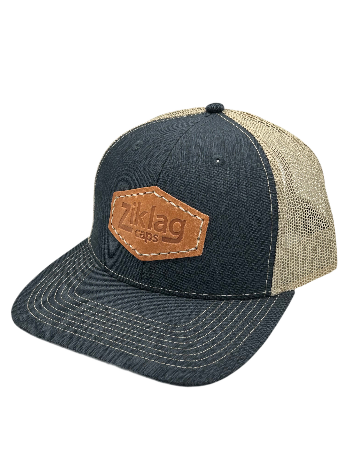 Heathered Navy and Khaki Mesh Trucker Hat with Genuine Cold Pressed Leather Patch, Left Side