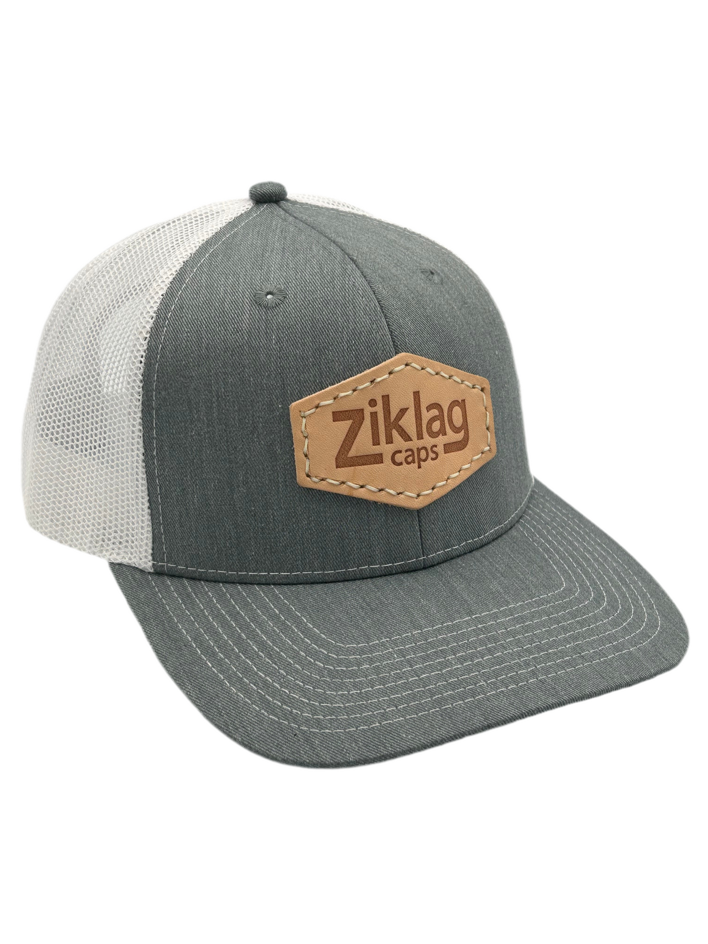 Heathered Grey and White Mesh Trucker Hat with Genuine Hot Pressed Leather Patch, Right Side