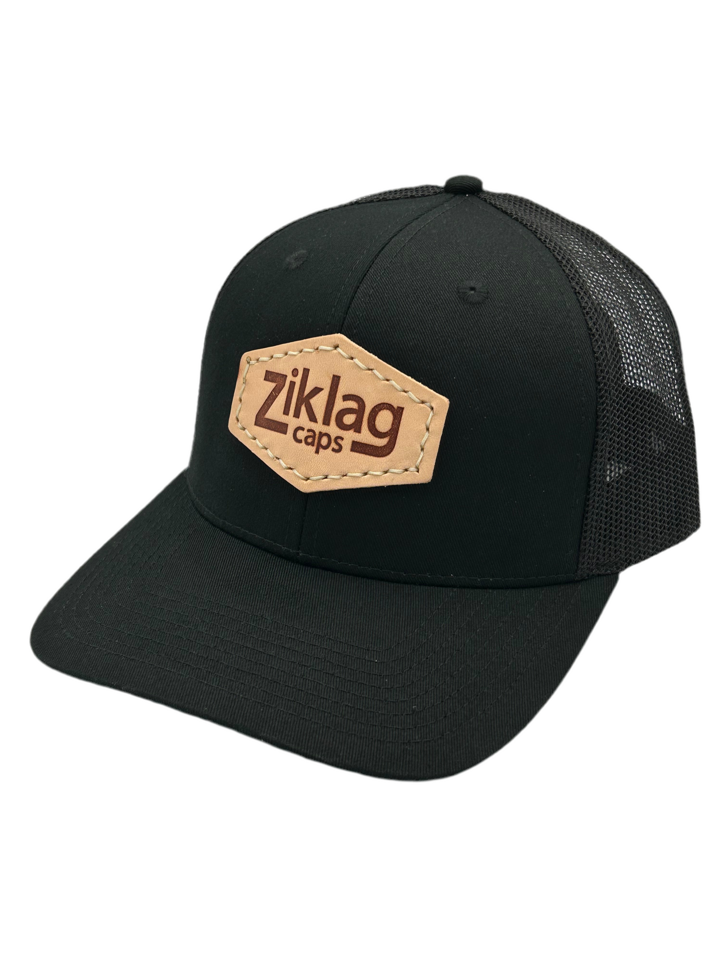 Black Trucker Hat With Genuine Hot Pressed Leather Patch, Left Side