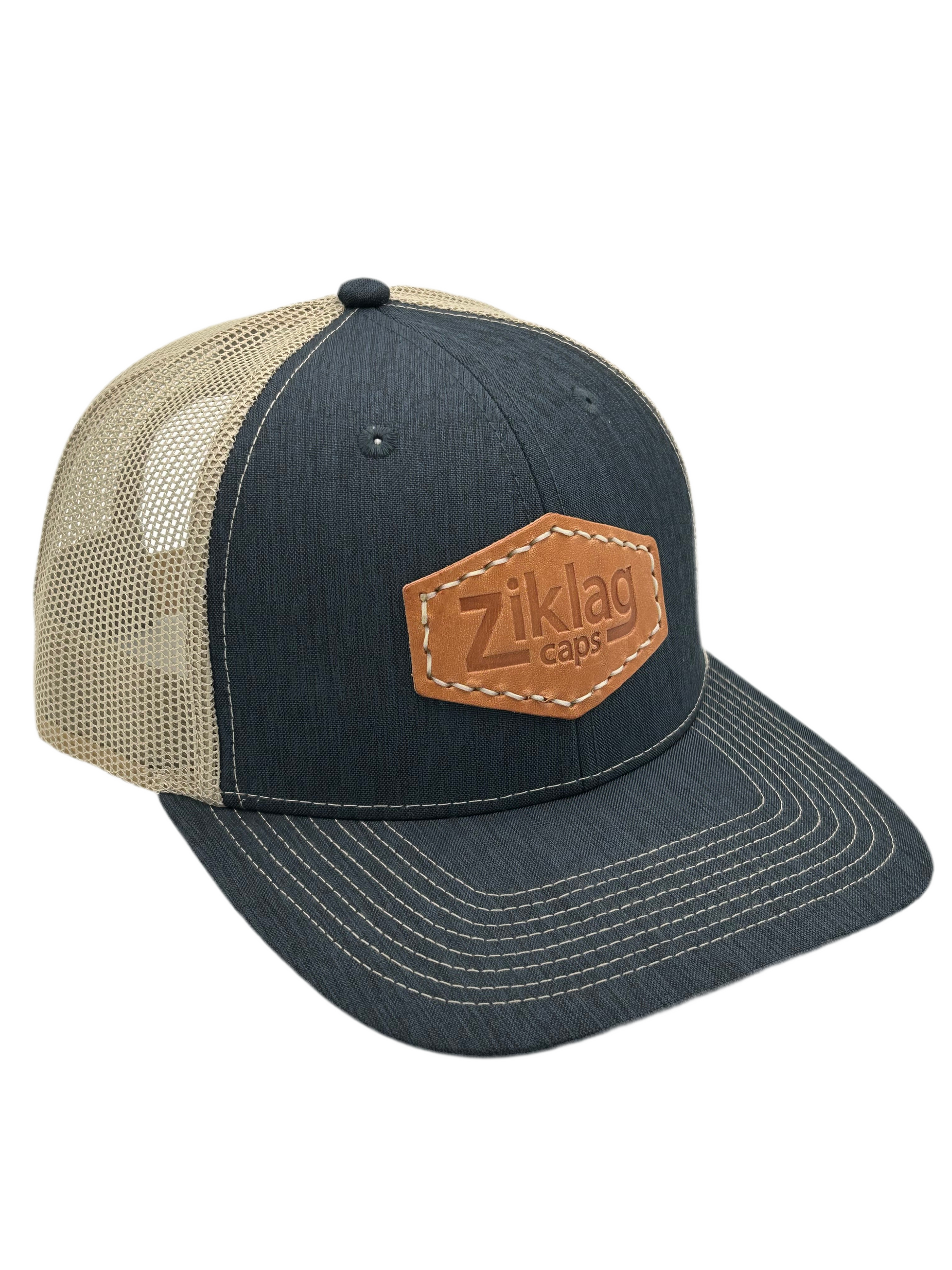 Heathered Navy and Khaki Mesh Trucker Hat with Genuine Cold Pressed Leather Patch, Right Side