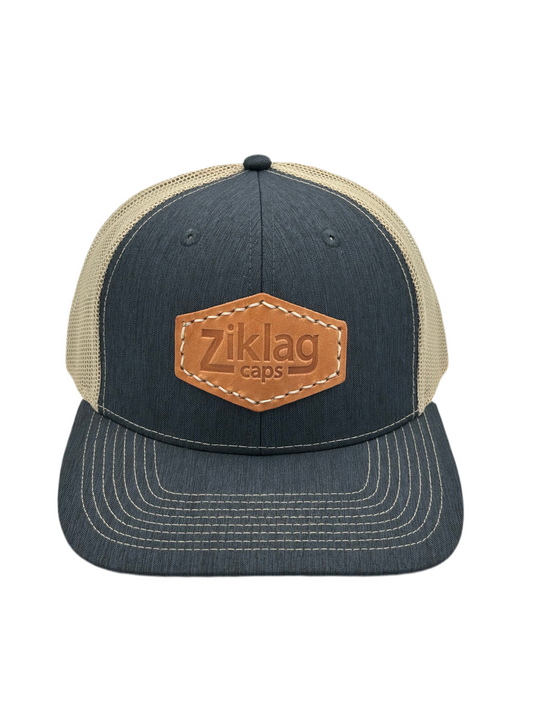 Heathered Navy and Khaki Mesh Trucker Hat with Genuine Cold Pressed Leather Patch, Front Side