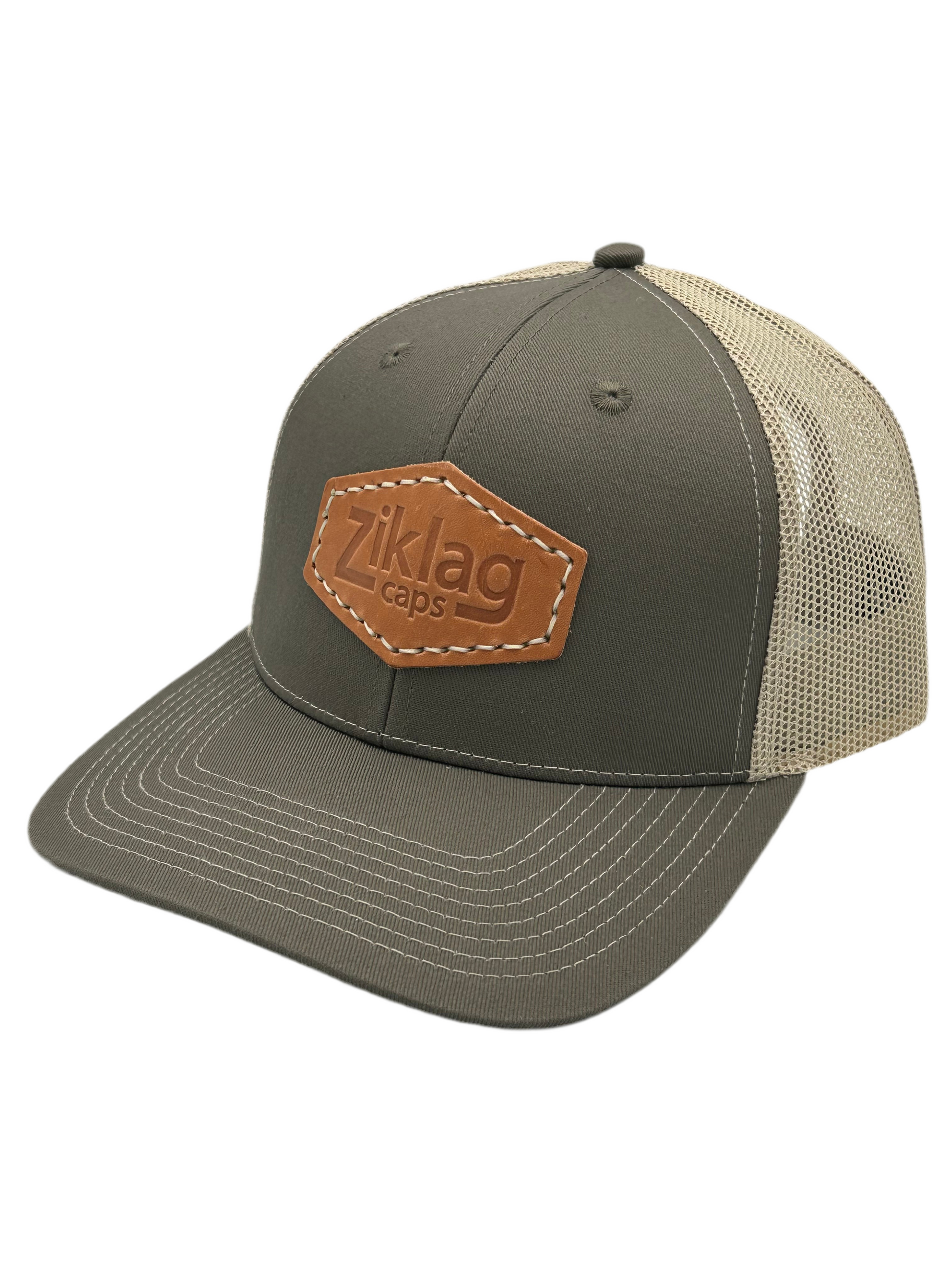 Olive and Khaki Mesh Trucker Hat with Genuine Cold Press Leather Patch, Left Side 