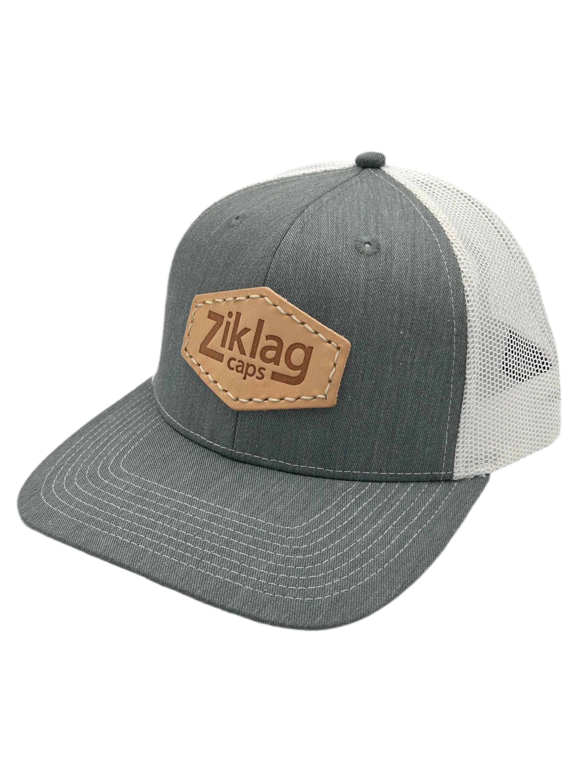 Heathered Grey and White Mesh Trucker Hat with Genuine Hot Pressed Leather Patch, Left Side