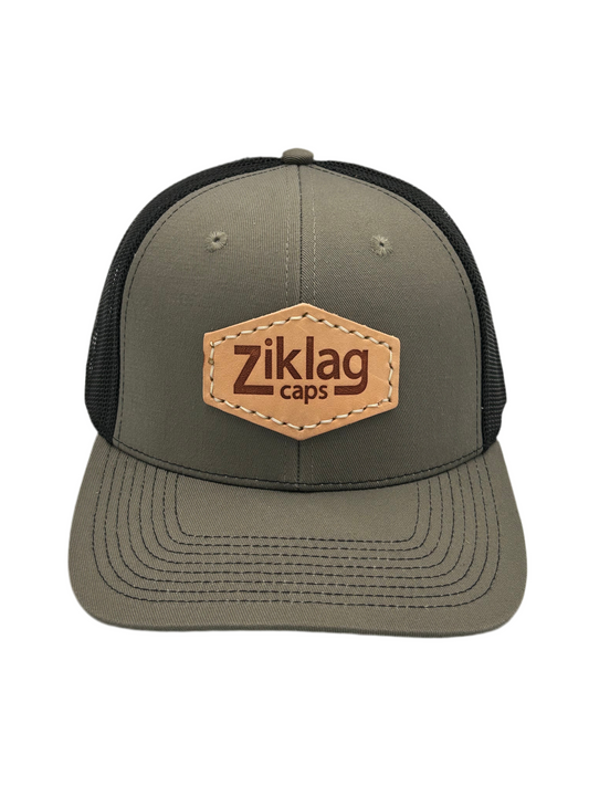 Olive and Black Mesh Trucker Hat with Genuine Hot Pressed Leather Patch, Front Side