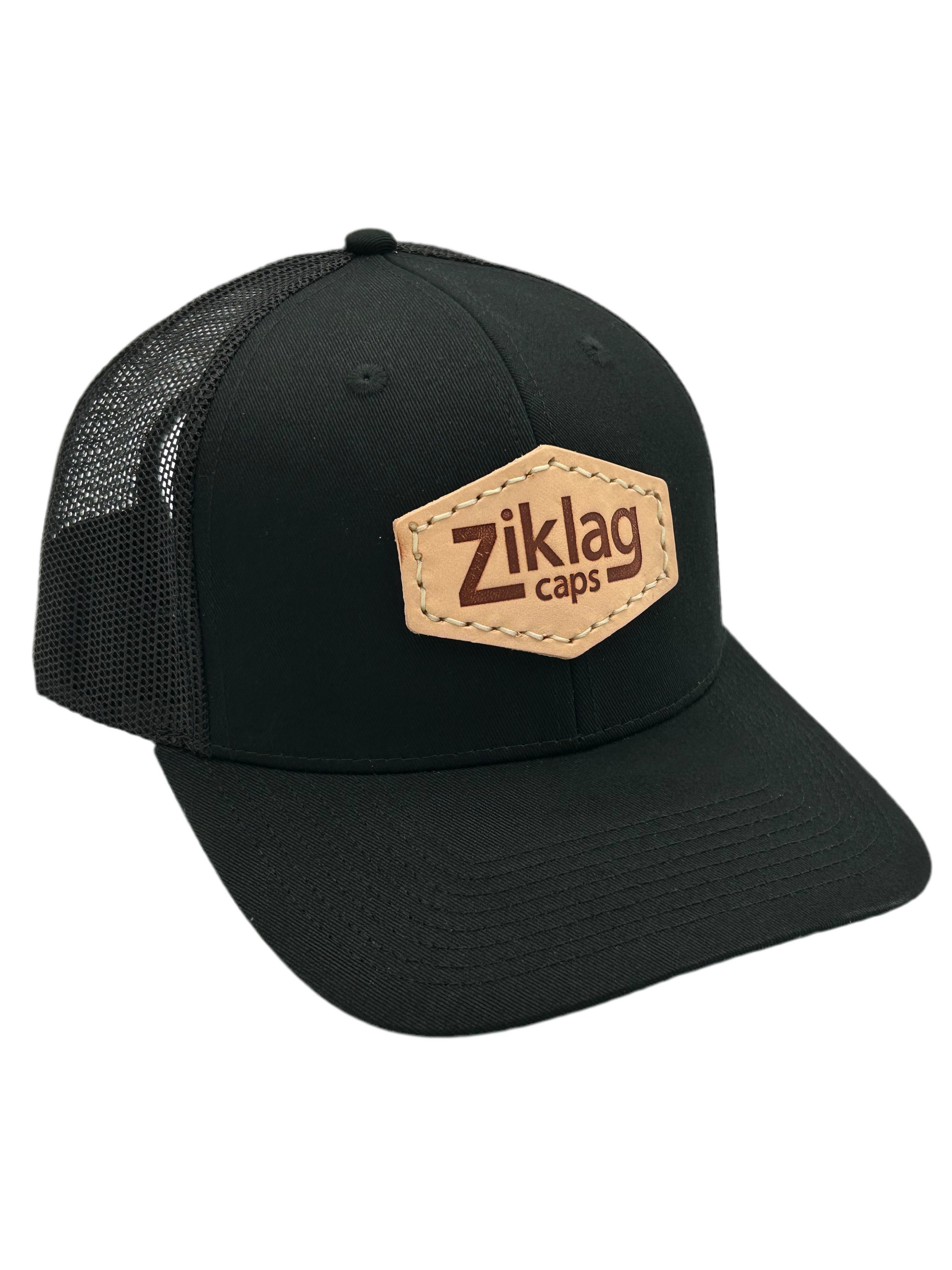 Black Trucker Hat With Genuine Hot Pressed Leather Patch, Right Side 