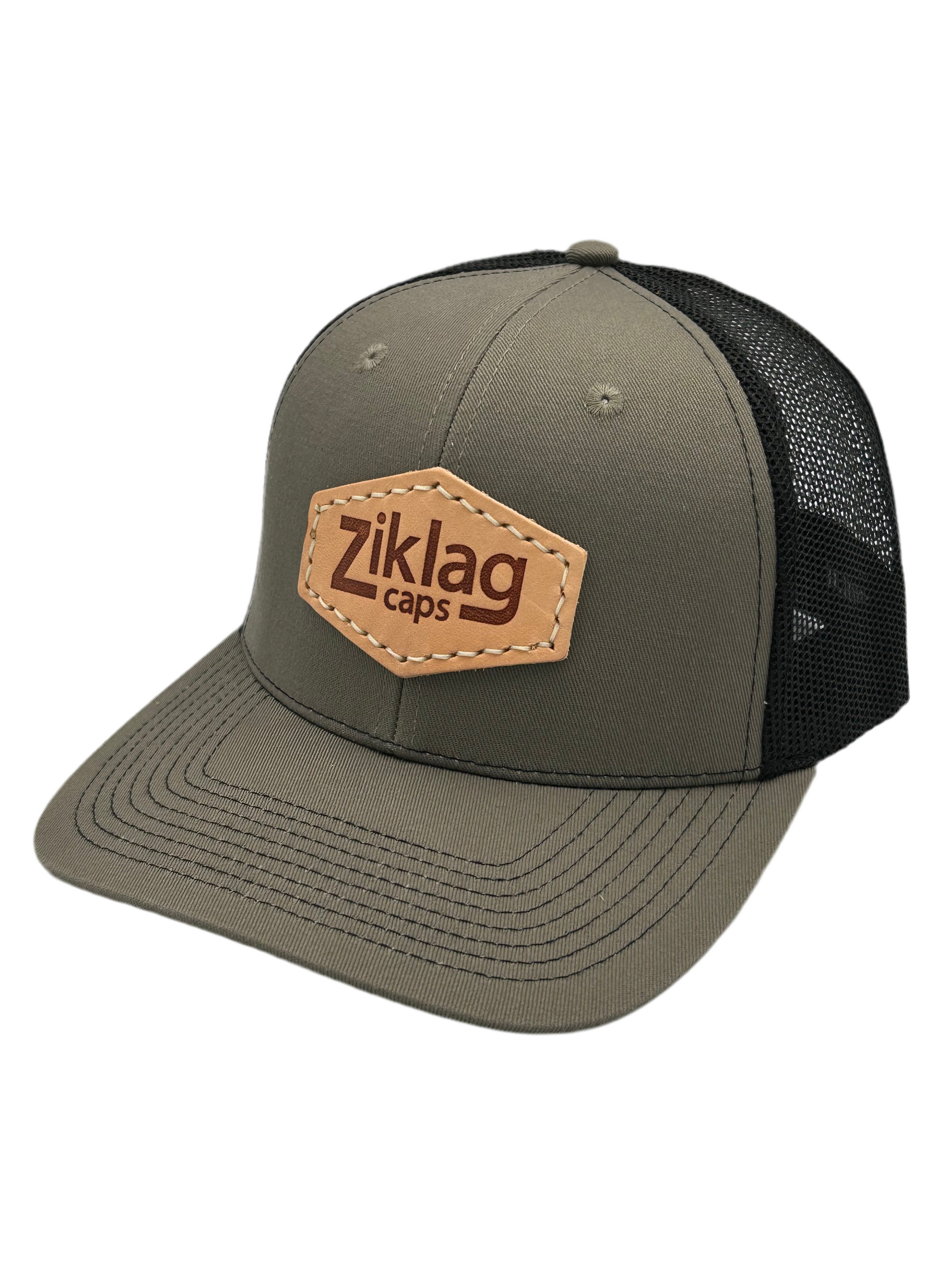 Olive and Black Mesh Trucker Hat with Genuine Hot Pressed Leather Patch, Left Side