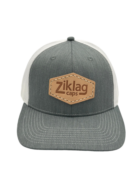 Heathered Grey and White Mesh Trucker Hat with Genuine Hot Pressed Leather Patch, Front Side