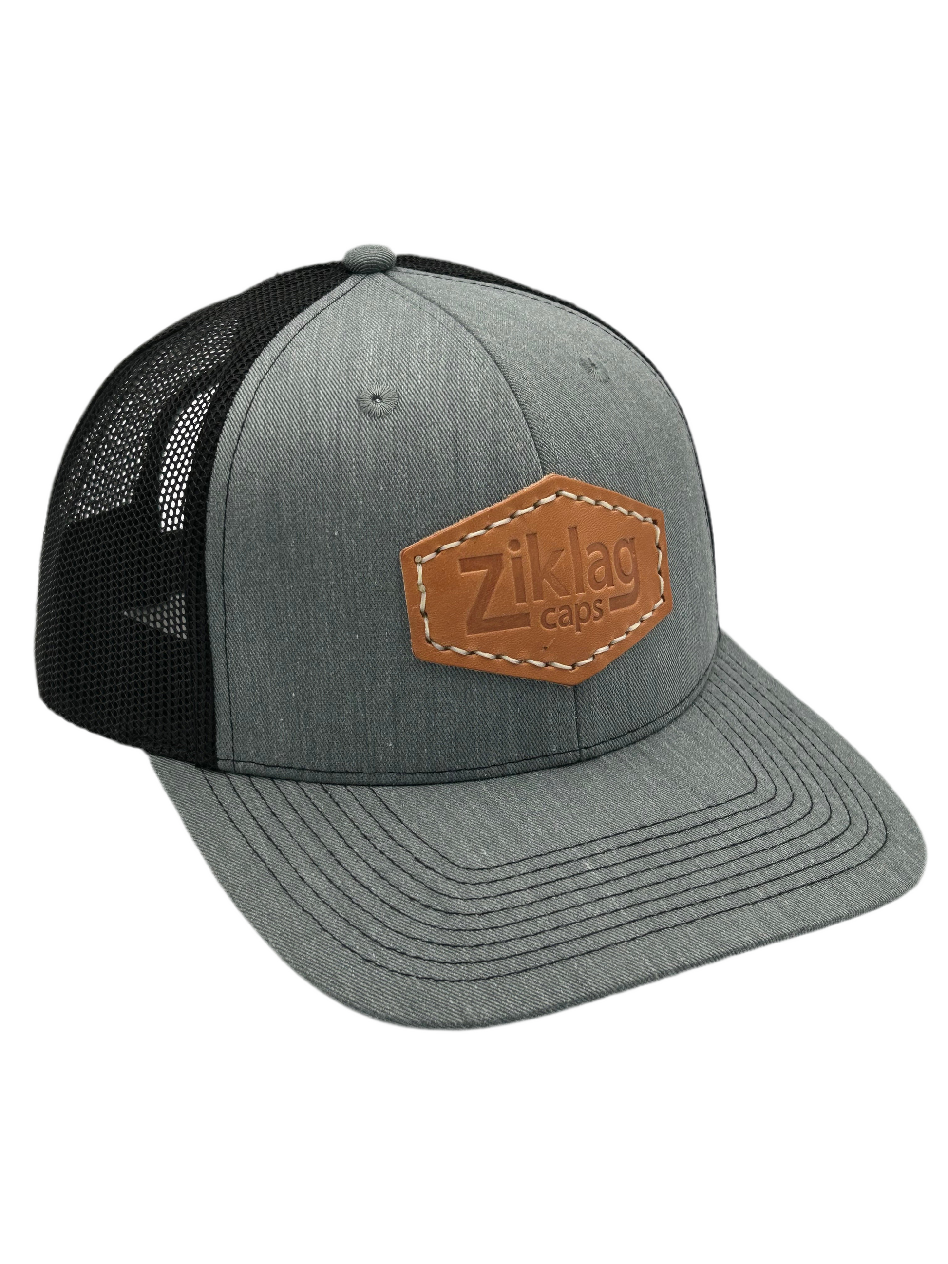 Heathered Grey with Black Mesh Trucker Hat and Genuine Cold Pressed Leather Patch, Right Side