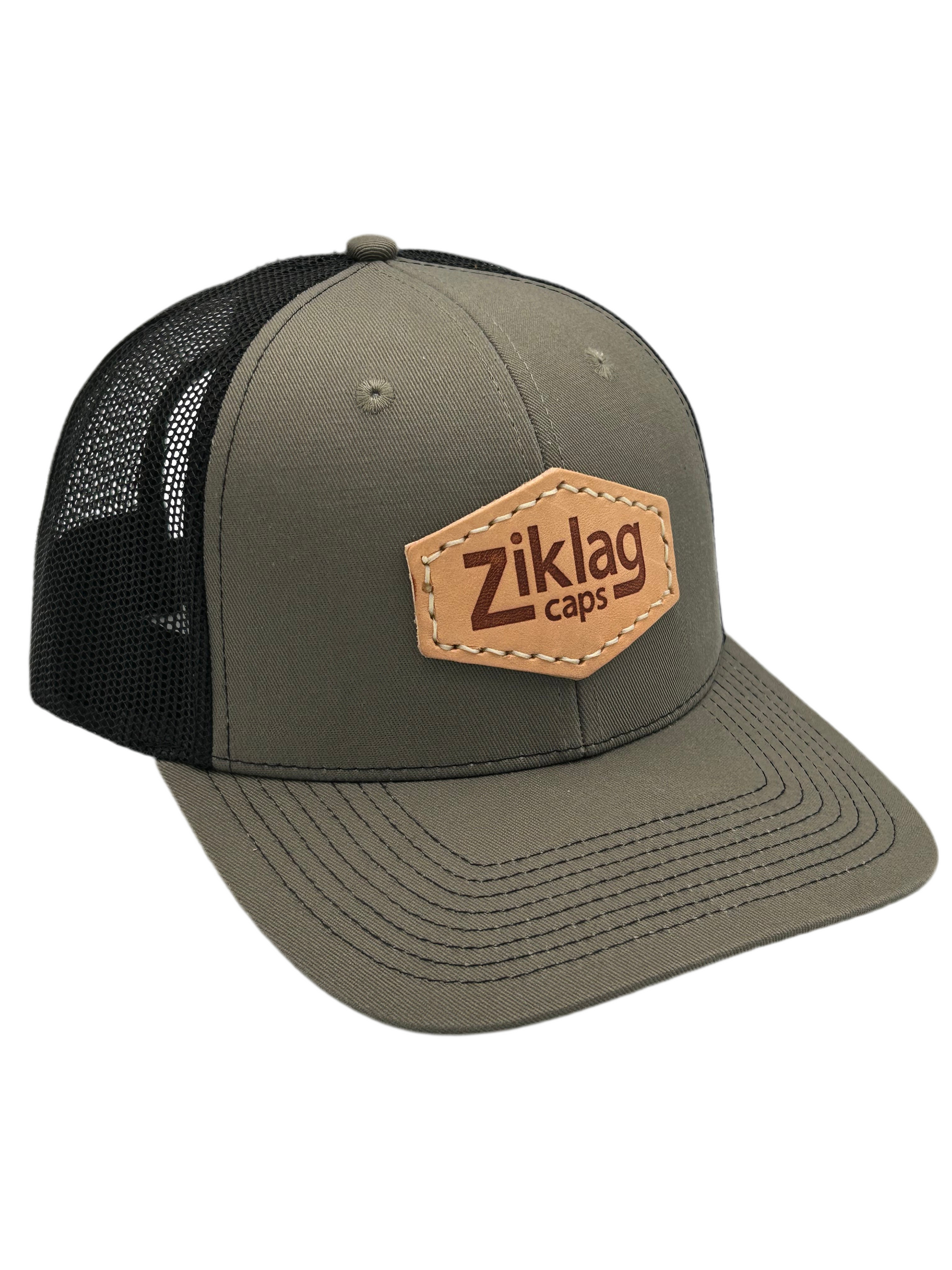 Olive and Black Mesh Trucker Hat with Genuine Hot Pressed Leather Patch, Right Side